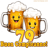 Due boccali di birra sorridenti animati, con il numero 79 e la scritta 'Buon Compleanno!' in caratteri allegri su uno sfondo bianco.