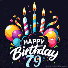 A celebratory sticker-themed 79th birthday animated image with lit candles, balloons, and streamers. The text reads 'Happy Birthday 79 with a stylized, dynamic font.