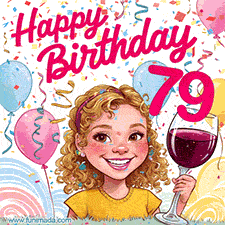 An animated birthday GIF featuring a smiling cartoon woman holding a glass of wine. Text reads 'Happy Birthday 79' surrounded by colorful balloons and confetti.