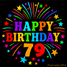 Colorful 'Happy Birthday 79' GIF with vibrant fireworks, stars, and rainbow-colored letters