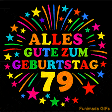 Animiertes GIF 'Alles Gute zum Geburtstag 79 mit bunten Buchstaben und leuchtenden Sternen