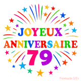 GIF animé joyeux anniversaire 79 ans avec étoiles multicolores et feu d’artifice