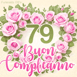 GIF per il 79° compleanno con un cuore di rose rosa e scritta elegante