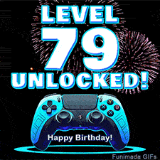 Animated GIF for a 79 birthday. The text 'Level 79 Unlocked!' and 'Happy Birthday!' are displayed over a blue video game controller with exploding fireworks in the background.