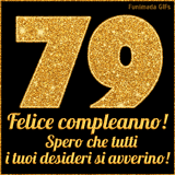 Un GIF animato per un 79° compleanno, Presenta il testo 'Buon Compleanno 79' su uno sfondo giallo vivo con palloncini colorati, festoni e una pioggia di coriandoli.