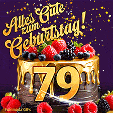 Eine köstlich aussehende animierte Geburtstagskarte für den 79. Geburtstag, dekoriert mit Erdbeeren, Blaubeeren und goldenen Details, Sterne funkeln und fallen, mit 'Alles Gute zum Geburtstag!'-Text.