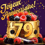 Une animation de célébration d'un gâteau de 79ème anniversaire, Des étoiles dorées tombent du ciel, mettant en valeur le texte 'Joyeux Anniversaire !' et le nombre doré 79 à l'avant du gâteau.