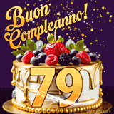 Un GIF animato di una bellissima torta per il 79° compleanno con glassa dorata e frutti di bosco freschi, Il numero dorato 79 è davanti, e stelle cadono su uno sfondo viola scuro.