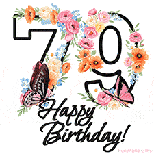 A floral 79th birthday animated greeting card. The number '79' is surrounded by animated flowers and butterflies, creating a beautiful and cheerful way to celebrate the milestone.
