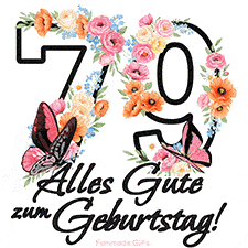 Ein florales GIF zum 79. Geburtstag. Die Zahl '79' ist von animierten Blumen und Schmetterlingen umgeben und bietet eine schöne und fröhliche Art, den Meilenstein zu feiern.