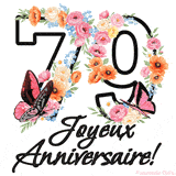 Ce GIF de Joyeux 79ème Anniversaire présente le nombre vingt rempli d'un bouquet vibrant de fleurs animées, avec des papillons qui bougent doucement sur un fond blanc.