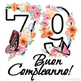Questo GIF di Buon 79° Compleanno mostra il numero venti riempito con un vibrante bouquet di fiori animati, con farfalle che si muovono dolcemente su uno sfondo bianco.