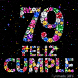 Un fondo negro con puntos de luz sirve de base al número 79 y el texto FELIZ CUMPLE, que están hechos de múltiples piedras preciosas coloridas.