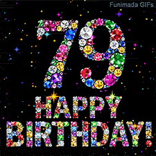 Sparkling multi-colored gems build the digit 79 and Happy Birthday words, contrasting against a black space filled with small flashing bright color sparks.
