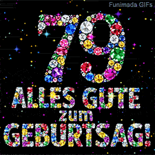 Glitzernde bunte Kristalle bilden die Ziffer 79 und den Schriftzug Alles Gute zum Geburtstag vor einer dunklen Leinwand mit winzigen Sternen.