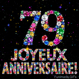 Le chiffre 79 et l'expression Joyeux Anniversaire dessinés par des pierres précieuses brillantes sur un fond noir avec de petites étoiles lumineuses.