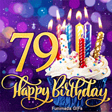 A sweet cupcake with lit colorful candles sits beside the golden number 79. Cursive Happy Birthday text is below on a sparkling purple background.