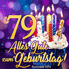 Ein Cupcake mit weißer Glasur und brennenden Kerzen neben der 79. Der goldene Text 'Alles Gute zum Geburtstag!' vor violettem funkelndem Grund.