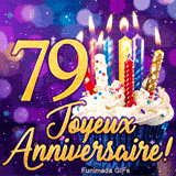 Animation Joyeux Anniversaire 79 ans avec le nombre 79 en or, un gâteau de fête et des lumières féeriques.