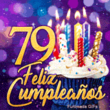 Animación de Feliz Cumpleaños 79 años con el número 79 en oro, una tarta de fiesta y destellos mágicos.