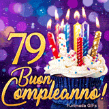 Animazione di Buon Compleanno 79 anni con il numero 79 in oro, una torta di festa e scintillii magici.