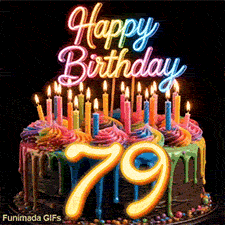 Animated revolving cake GIF for 79th birthday with rainbow frosting swirls, lit candles, and large glowing yellow number 79.