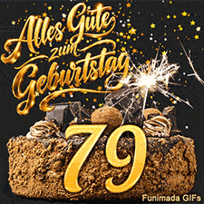 Goldene Sterne fallen auf eine Geburtstagstorte mit der Zahl 79. Der Glückwunschtext und eine leuchtende Wunderkerze erhellen das Bild.