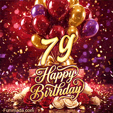 Colorful balloons presents and red-white roses frame the golden number 79 with Happy Birthday and falling confetti against a rich red backdrop