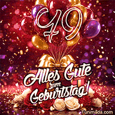 Bunte Ballons Geschenke und rot-weiße Rosen umrahmen die goldene Zahl 79 mit Alles Gute zum Geburtstag und fallendem Konfetti vor reichem rotem Hintergrund