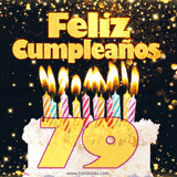 GIF animado de un pastel decorado con velas de colores, con el número 79 resaltado y un fondo brillante que transmite celebración.