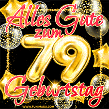 Glänzende goldene Ballons und ein quadratischer Glitzerrahmen: Animiertes GIF zum 79. Geburtstag mit der großen goldenen Zahl 79