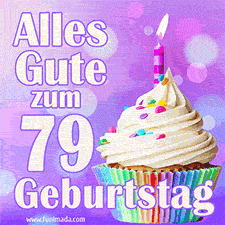 Ein lebendiges Geburtstags-GIF mit einem dekorierten Cupcake, einer Kerze und der Zahl 79 auf einem bunten Hintergrund.