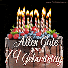 Das Geburtstags-GIF zeigt einen Schokoladenkuchen mit Beeren und Kerzen zur Feier eines 79. Geburtstags.