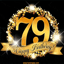 A golden 79th birthday GIF features a decorative circle and ribbon. The design sparkles with light and gold accents against a black background.