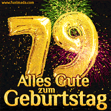 Große goldene Zahlen 79 auf schwarzem Hintergrund, die Worte 'Alles Gute zum Geburtstag' in goldener Schrift und ein spektakuläres Feuerwerk.