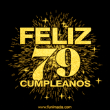 GIF animado con un diseño dorado, mostrando el número 79 rodeado de fuegos artificiales y luces que resaltan una atmósfera festiva y vibrante.