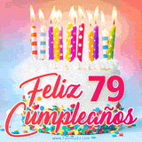 GIF animado con un pastel blanco decorado con confites y velas de colores encendidas, acompañado de la frase 'Feliz 79 cumpleaños' sobre un fondo alegre.