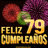GIF animado con el número 79 en dorado, rodeado de fuegos artificiales rojos, verdes y morados, con el mensaje 'Feliz cumpleaños' en letras doradas.