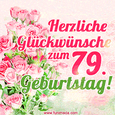 Ein elegantes Geburtstagsgeschenk für sie mit den Worten 'Herzlichen Glückwünsche zum 79. Geburtstag' und einem Strauß rosa Rosen.