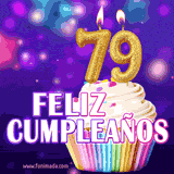 GIF animado de un cupcake decorado con confites, dos velas doradas encendidas formando el número 79, sobre un fondo púrpura brillante con destellos.