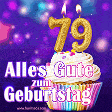 Ein glänzendes Geburtstags-GIF mit goldenen Kerzen mit der Zahl 79 auf einem weißen cremefarbenen Cupcake und dem Text 'Alles Gute zum Geburtstag'.