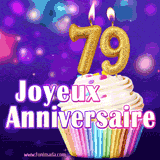 GIF animé joyeux anniversaire pour 79 ans avec un cupcake coloré, des bougies dorées en forme de 79 et un fond violet scintillant.