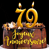 GIF animé pour un 79e anniversaire avec une élégante gâteau au chocolat, des bougies dorées formant le chiffre 79 et le texte 'Joyeux Anniversaire!' en écriture dorée.