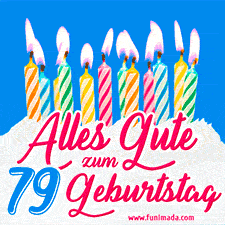 Ein buntes Geburtstags-GIF mit strahlenden Kerzen auf einer festlichen Torte zur Feier des 79.