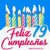 Animación de un pastel decorado con velas coloridas y encendidas, el número 79 destacado en azul y la frase 'Feliz cumpleaños' en letras estilizadas.