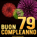 Animazione di fuochi d'artificio colorati con il numero 79 in oro brillante e la scritta 'Buon Compleanno' su uno sfondo nero festivo ed elegante.