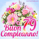 Bouquet animato con rose rosa, margherite e altri fiori colorati, con il numero 79 e la scritta 'Buon Compleanno!' in stile elegante e luminoso.