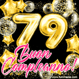 Animazione con palloncini dorati a forma del numero 79, circondati da decorazioni scintillanti e la scritta 'Buon Compleanno!' in caratteri rosa accattivanti.