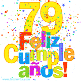 GIF festivo lleno de confeti de colores, el número 79 grande en amarillo y la frase 'Feliz cumpleaños' en letras multicolores y brillantes.