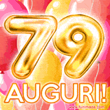 Bouquet animato di palloncini multicolori che emergono da una scatola regalo, con il numero 79 e la scritta 'Tanti Auguri!' su uno sfondo pieno di coriandoli.